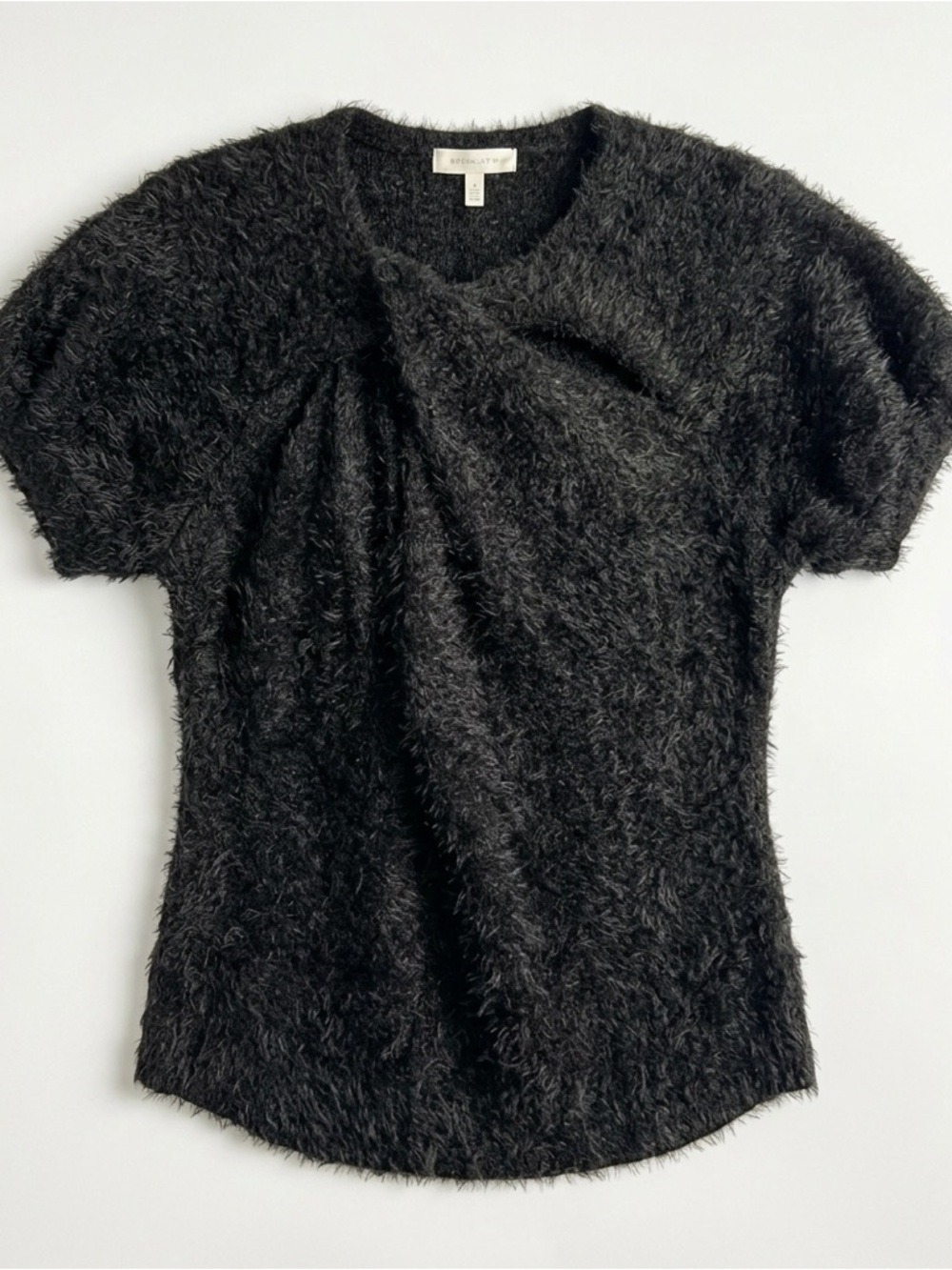Entro Black Short Sleeve Twist Front Cutout Fuzzy Knit Sweater Small